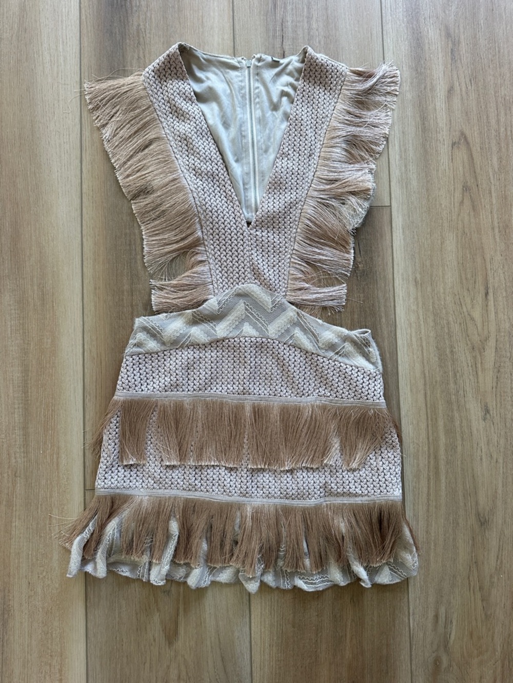 Fringe Knit Cutout Mini Dress in Light Beige